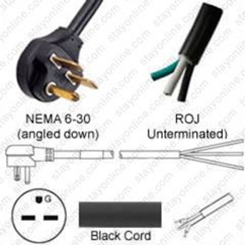 NEMA 6-30 Male Plug Angled Down to ROJ 3.2 Meters / 10.5 Feet 30A/250V 10/3 SOOW Black - Power Supply Cord