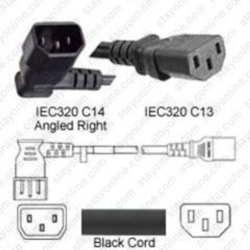 IEC320 C14 Male Plug Angled Right to C13 Connector 0.3 Meters / 1 Foot 10A/250V 18/3 SJT Black - UL - Power Cord