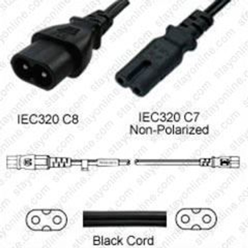 IEC320 C8 Male Plug to C7 Connector 1.8 Meters / 6 Feet 7A/125V 18/2 SPT-2 Black - Power Cord Hanked