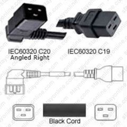 IEC320 C20 Male Plug Angled Right to C19 Connector 0.9 Meters / 3 Feet 20A/250V 12/3 SJT Black - Power Cord