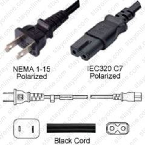 NEMA 1-15 Male Plug to IEC320 C7 Connector Polarized 4.5 Meters / 15 Feet 7A/125V 18/2 SPT-2 Black - Power Cord