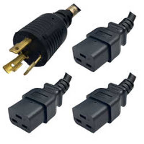 NEMA L6-30 Male Plug to 3 Way IEC320 C19 Connectors 3.0 Meters / 10 Feet 20A/250V 10/3 & 12/3 SJT 24 Inch Legs Black - Splitter Power Cord