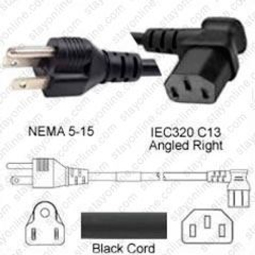 NEMA 5-15 Male Plug to IEC320 C13 Connector Angled Right 1.8 Meters / 6 Feet 10A/125V 18/3 SVT Black - Power Cord Hanked