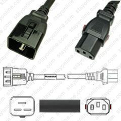 IEC320 C20 Male Plug to C13 Connector W-Lock 0.9 Meters / 3 Feet 15A/250V 14/3 SJT Black - Locking Power Cord