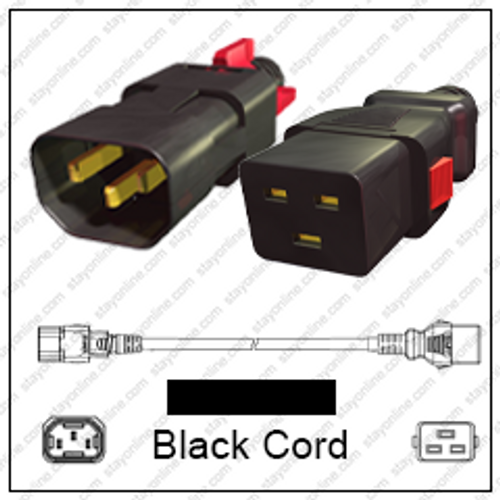 IEC320 C14 Male Plug to C19 Connector Z-LOCK 2.0 Meters / 6.5 Feet 15A/250V 14/3 SJT Black - Locking Power Cord