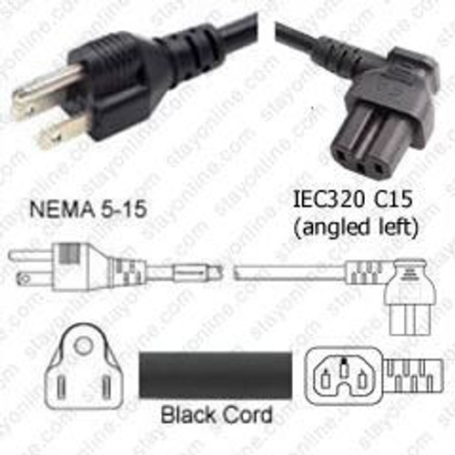 NEMA 5-15 Male Plug to IEC320 C15 Connector Angled Left 0.3 Meters / 1 Foot 15A/125V 14/3 SJT Black - Power Cord