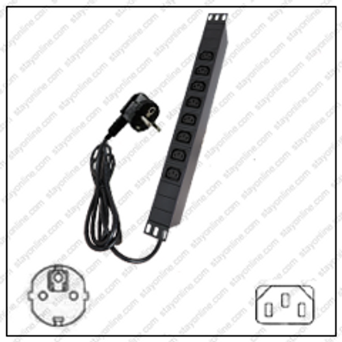 Power Strip Rack Mount Germany CEE7/7 16 Amp Plug Angled Down to 8 IEC320 C13 Receptacles