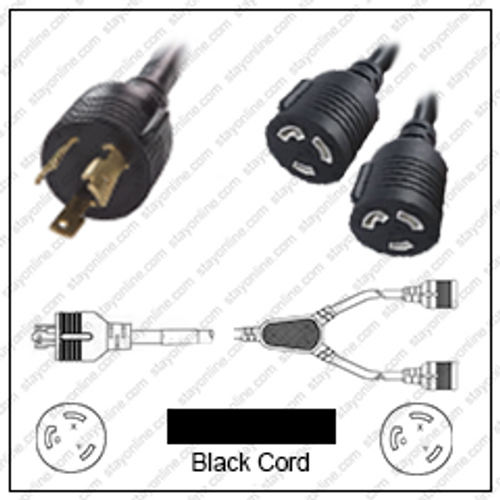 NEMA L6-30 Male Plug to 2 Way L6-30 Connectors 2.5 Meters / 8 Feet 30A/250V 10/3 SJT 24 Inch Legs Black - Splitter Power Cord