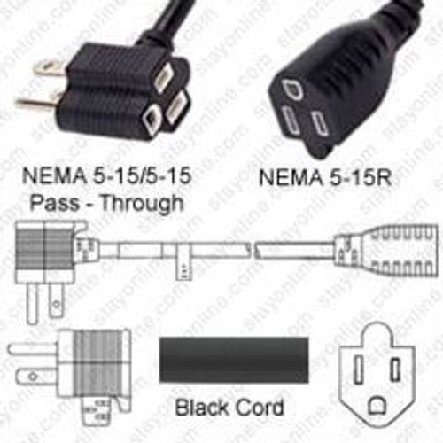 NEMA 5-15 Male Plug Pass-Thru to 5-15 Connector 4.5 Meters / 15 Feet 15A/125V 14/3 SJT Black - Power Extension Cord