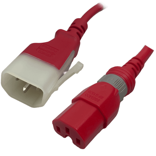 IEC320 C14 Male Plug to C15 Connector Dual-Lock Lite 0.6 Meters / 2 Feet 10A/250V 18/3 SVT Red - Locking Power Cord