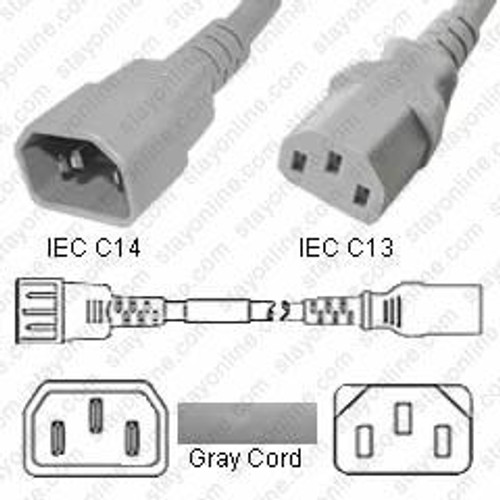 IEC320 C14 Male Plug to C13 Connector 0.5 meters / 1.5 feet 10A/250V 18/3 SJT Gray - Power Cord