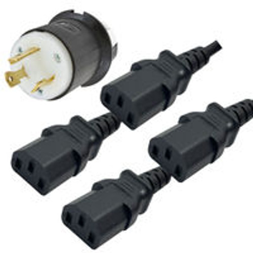 NEMA L6-30 Male Plug to 4 Way IEC320 C13 Connectors 0.9 Meters / 3 Feet 15A/250V 12/3 & 14/3 SJT 24 Inch Legs Black - Splitter Power Cord