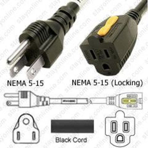 NEMA 5-15 Male Plug to 5-15 Connector 2.5 Meters / 8 Feet 15A/125V 14/3 SJT Black - Locking Power Extension Cord