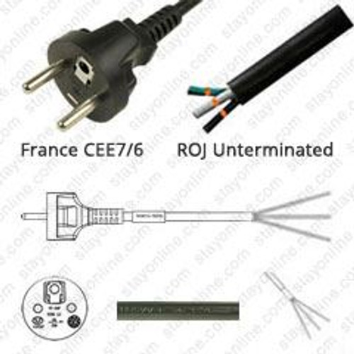 France CEE7/6 Male Plug to ROJ 2.5 Meters / 8 Feet 16A/250V H05VV-F3G1.5 Black - Country Power Supply Cord