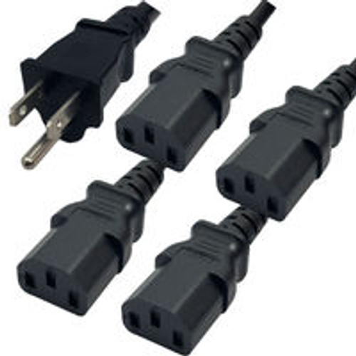 NEMA 5-15 Male Plug to 4 Way IEC320 C13 Connectors 3.0 Meters / 10 Feet 15A/125V 14/3 SJT 24 Inch Legs Black - Splitter Power Cord