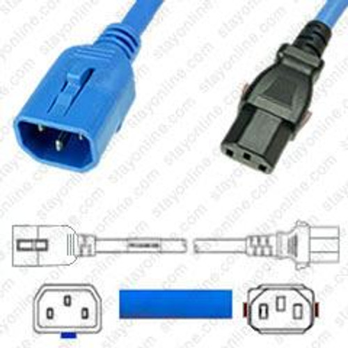 IEC320 C14 Male Plug to C13 Connector W-Lock 1.5 Meters / 5 Feet 15A/250V 14/3 SJT Blue - Locking Power Cord