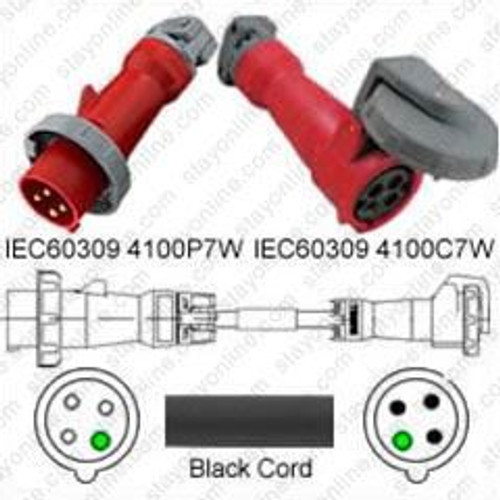 IEC60309 4100P7W Male Plug to 4100C7W Connector 3.0 Meters / 10 Feet 100A/480V 2/4 W Black - Power Extension Cord