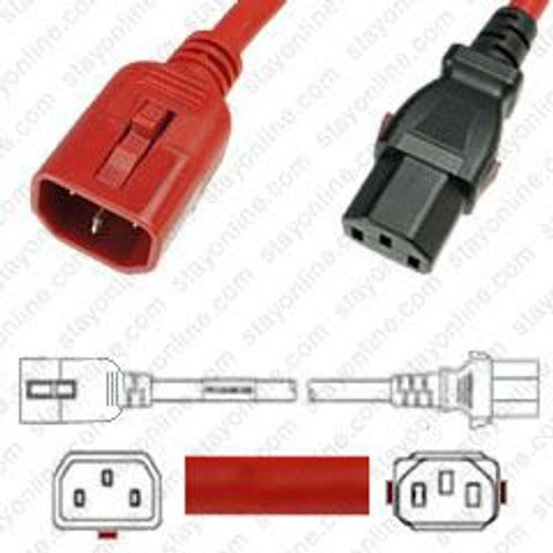 IEC320 C14 Male Plug to C13 Connector W-Lock 1.2 Meters / 4 Feet 10A/250V H05VV-F3G1.0 & 17/3 SJT Red - Locking Power Cord