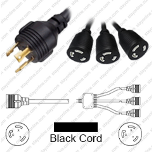 NEMA L6-30 Male Plug to 3 Way L6-30 Connectors 2.5 Meters / 8 Feet 30A/250V 10/3 SJT 24 Inch Legs Black - Splitter Power Cord