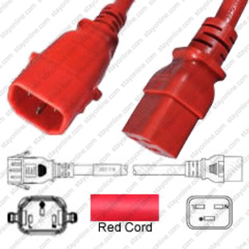 IEC320 C14 Plug to IEC320 C19 Connector P-Lock 1.2 Meters / 4 Feet 15A/250V 14/3 SJT Red - Locking Power Cord