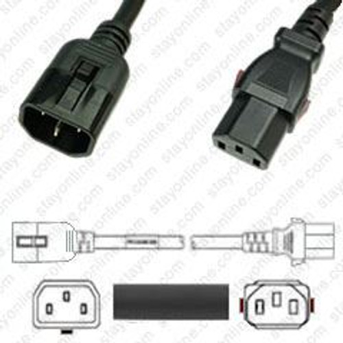 IEC320 C14 Male Plug to C13 Connector W-Lock 0.9 Meters / 3 Feet 15A/250V 14/3 SJT Black - Locking Power Cord