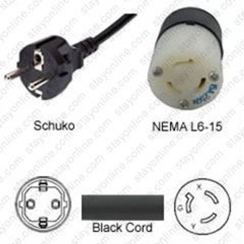 Schuko CEE7/7 Male Plug to NEMA L6-15 Connector 0.3 meters / 1 foot 15A/250V H05VV-F3G1.5 Black - Pigtail Plug Adapter