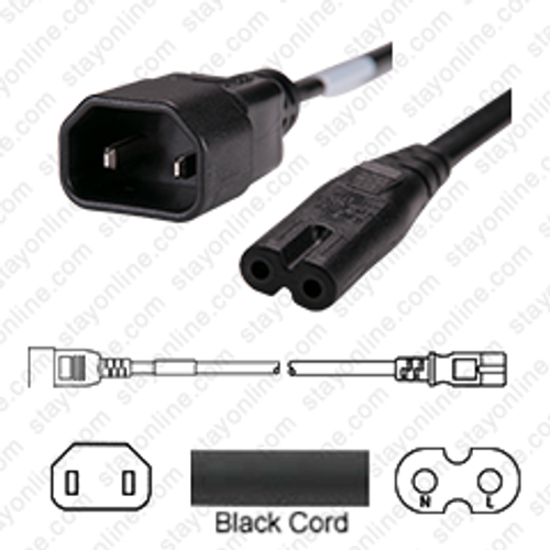 IEC320 C18 Male Plug to C7 Connector 1.15 Meters / 3.75 Feet 7A/125V 18/2 NISPT-1 Black - Power Cord