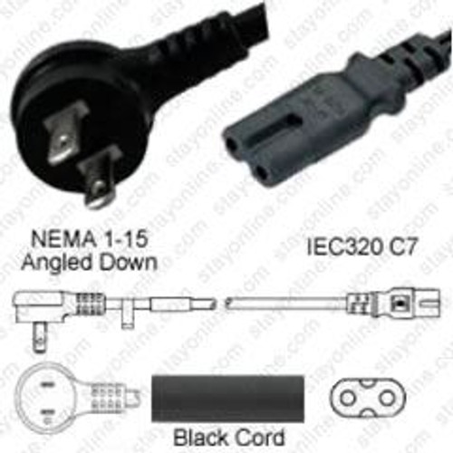 NEMA 1-15 Angled Up/Down to IEC320 C7 Connector 1.8 Meters / 6 Feet 10A/125V 18/2 SPT-2 Black - Power Cord Hanked