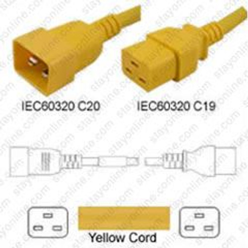 IEC320 C20 Male Plug to C19 Connector 0.6 Meters / 2 Feet 20A/250V 12/3 SJT Yellow - Power Cord