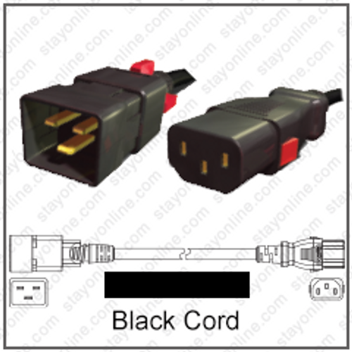 IEC320 C20 Male Plug to C13 Connector Z-LOCK 2 Meters / 6.5 Feet 15A/250V 14/3 SJT Black - Locking Power Cord