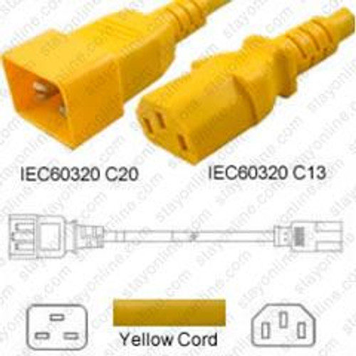 IEC320 C20 Male Plug to IEC320 C13 Female Connector Yellow 1.8 Meters / 6 Feet 10A/250V cULus/VDE/PSE/CCC/KC/SAA/ENEC/CE 1pc - Global Power Cord