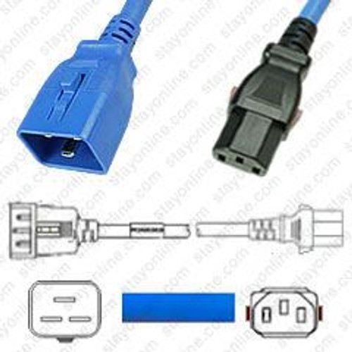 IEC320 C20 Male Plug to C13 Connector W-Lock 1.8 Meters / 6 Feet 15A/250V 14/3 SJT Blue - Locking Power Cord