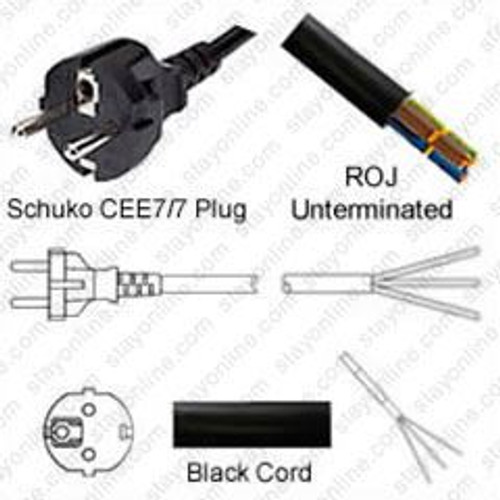 Schuko CEE7/7 Male Plug to ROJ 2.5 Meters / 8 Feet 16A/250V H05VV-F3G1.5 Black - Country Power Supply Cord