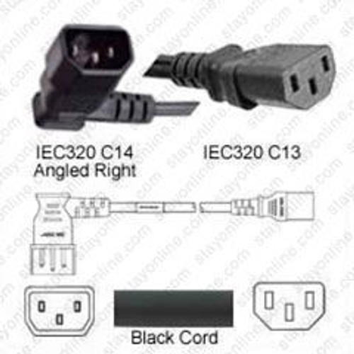 IEC320 C14 Male Plug Angled Right to C13 Connector 0.6 Meters / 2 Feet 10A/250V 18/3 SJT Black - Power Cord