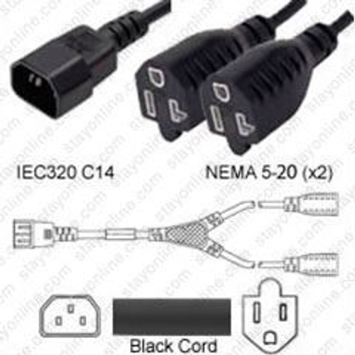 IEC320 C14 Male Plug to 2 Way NEMA 5-20 Female Connectors 1.8 Meters / 6 Feet 15A/125V 14/3 SJT 12 Inch Legs Black - Splitter Power Cord