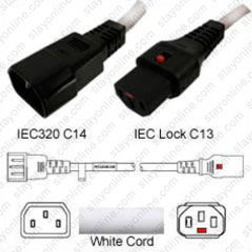 IEC320 C14 Male Plug to C13 Connector IEC-Lock 1.2 Meters / 4 Feet 10A/250V 18/3 SJT White - Locking Power Cord