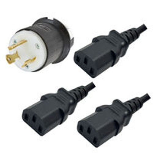 NEMA L6-30 Male Plug to 3 Way IEC320 C13 Connectors 2.0 Meters / 6.5 Feet 15A/250V 10/3 & 14/3 SJT 24 Inch Legs Black - Splitter Power Cord