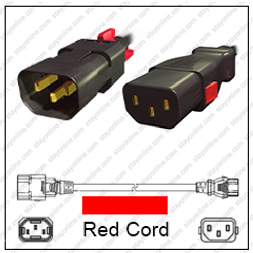IEC320 C14 Male Plug to C13 Connector Z-LOCK 1.2 Meters / 4 Feet 15A/250V 14/3 SJT Red - Locking Power Cord