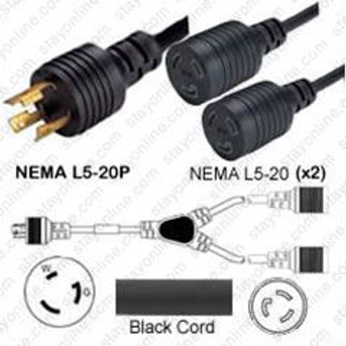 NEMA L5-20 Male Plug to 2 Way L5-20 Connectors 3.0 Meters / 10 Feet 20A/125V 12/3 SJT 24 Inch Legs Black - Splitter Power Cord