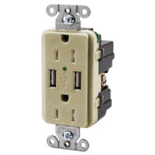 Hubbell USB15X2I AC Receptacle NEMA 5-15 Female Duplex with 2 USB Ports Ivory