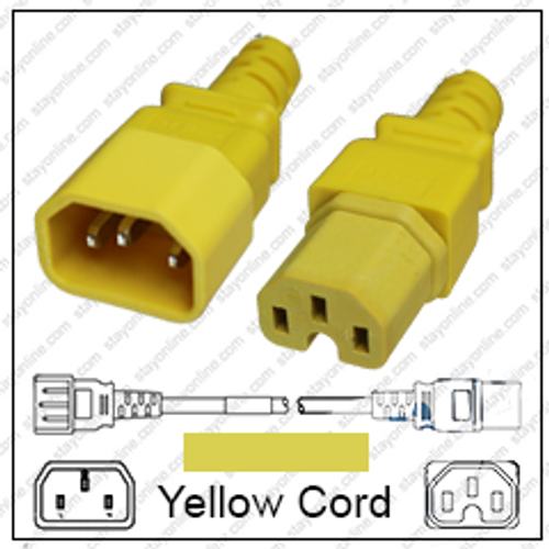 IEC320 C14 Male Plug to C15 Connector 1.2 Meters / 4 Feet 15A/250V 14/3 SJT Yellow - Power Cord