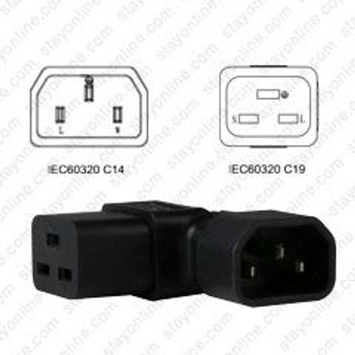 IEC320 C14 Male Plug to C19 Connector Angled Right - Block Plug Adapter 