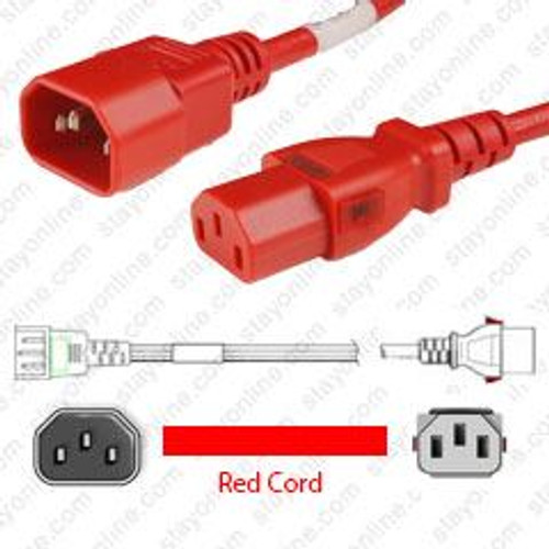 IEC320 C14 Male Plug to C13 Connector WS-Lock 0.9 Meters / 3 Feet 15A/250V 14/3 SJT Red - Locking Power Cord