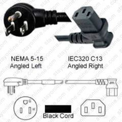 NEMA 5-15 Male Plug Angled Left to IEC320 C13 Connector Angled Right 0.9 meters / 3 feet 15A/125V 14/3 SJT Black - Power Cord