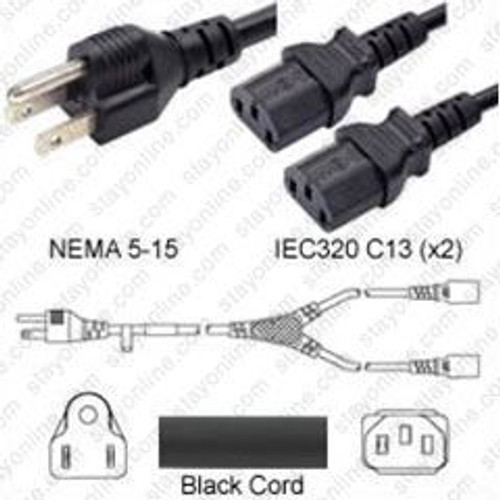 NEMA 5-15 Male Plug to 2 way IEC320 C13 Connectors 1.8 Meters / 6 Feet 15A/125V 14/3 SJT 24 inch legs Black - Splitter Power Cord