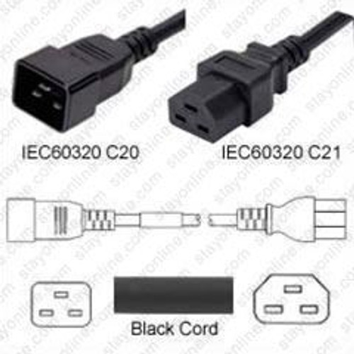 IEC320 C20 Male Plug to C21 Connector 4.5 Meters / 15 Feet 20A/250V 12/3 SJT Black - Power Cord