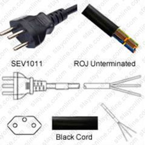 Swiss SEV1011 Male Plug to ROJ 2.5 Meters / 8 Feet 10A/250V H05VV-F3G1.0 Black - Country Power Supply Cord