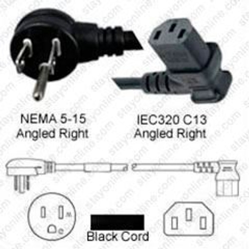 NEMA 5-15 Male Plug Angled Right to IEC320 C13 Connector Angled Right 0.9 meters / 3 feet 15A/125V 14/3 SJT Black - Power Cord