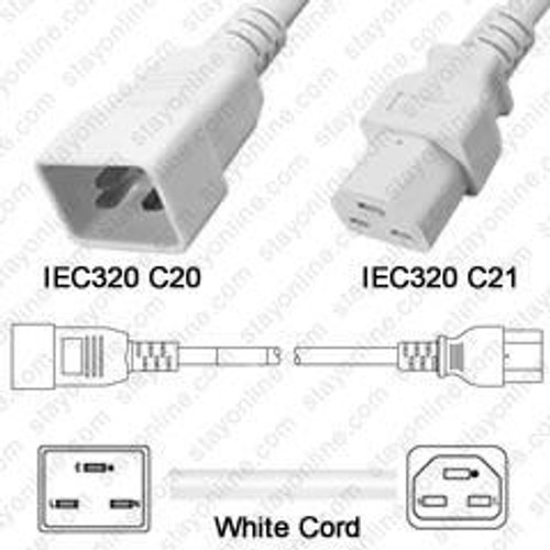 IEC320 C20 Male Plug to C21 Connector 1.8 Meters / 6 Feet 20A/250V 12/3 SJT White - Power Cord