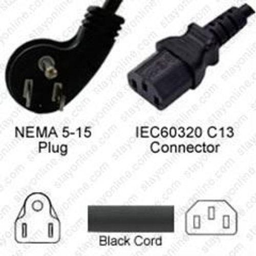 NEMA 5-15 Male Plug Low Profile to IEC320 C13 Connector 1.8 Meters / 6 Feet 10A/125V 18/3 SVT Black - Power Cord Hanked